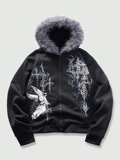 Men's Gothic Fluffy Angel Y2K Zip Hoodie