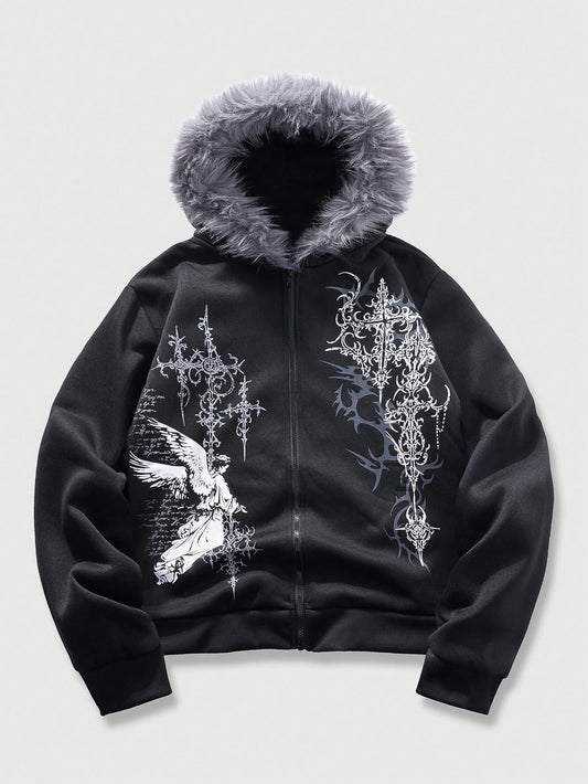Men's Gothic Fluffy Angel Y2K Zip Hoodie