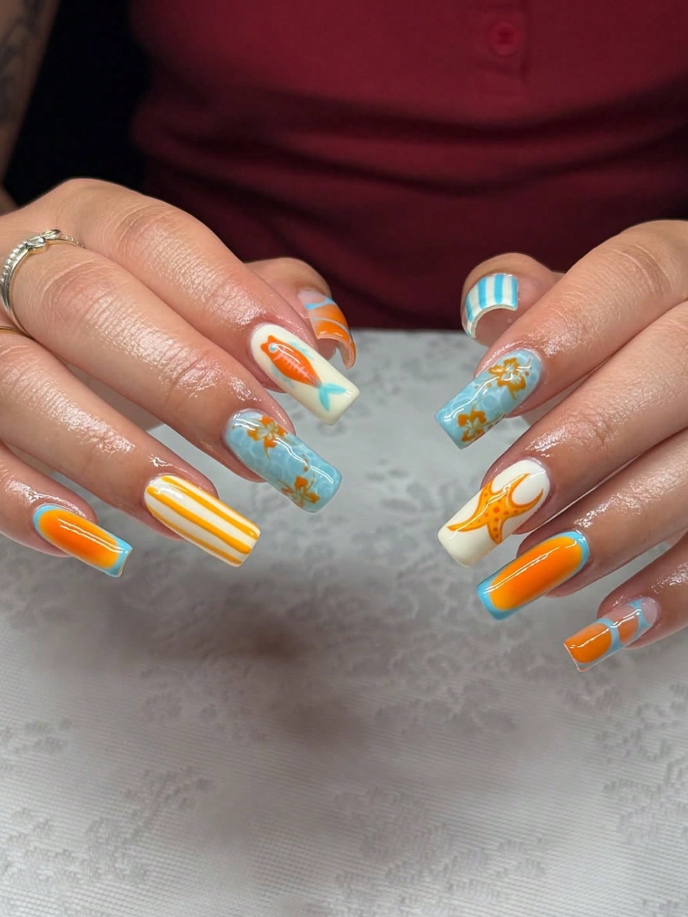 Ocean Starfish Orange & Blue Long Square Press-On Nails
