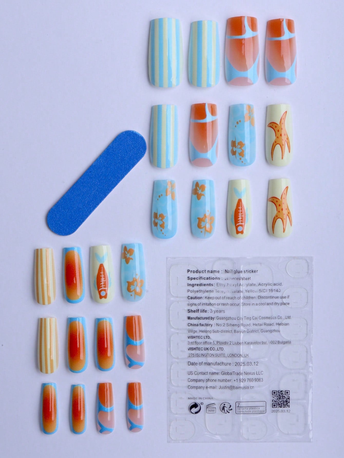 Ocean Starfish Orange & Blue Long Square Press-On Nails