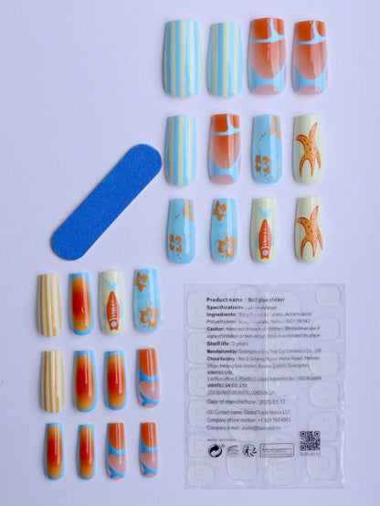 Ocean Starfish Orange & Blue Long Square Press-On Nails