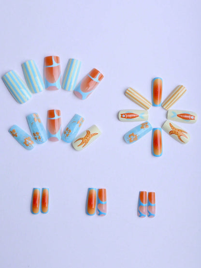 Ocean Starfish Orange & Blue Long Square Press-On Nails