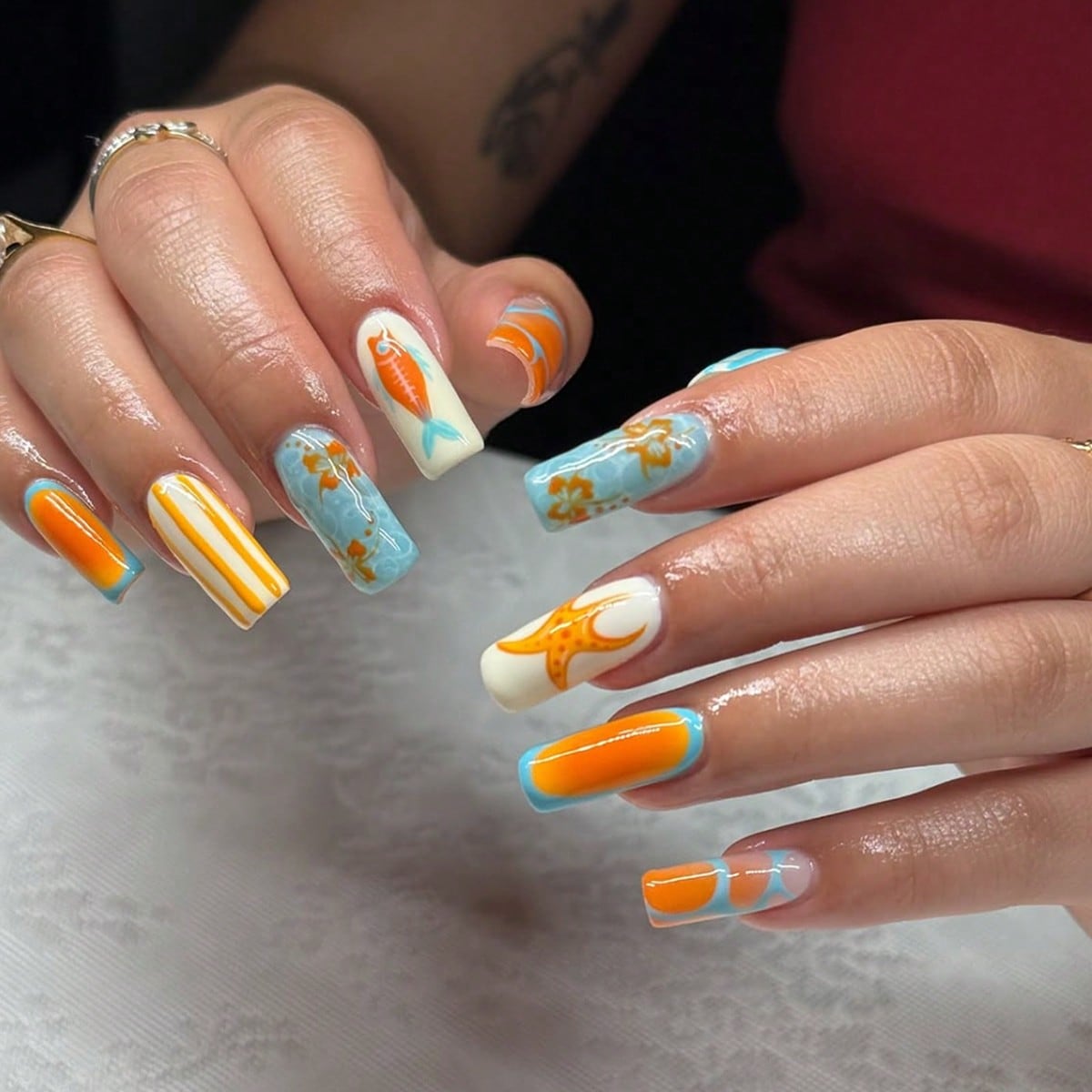 Ocean Starfish Orange & Blue Long Square Press-On Nails