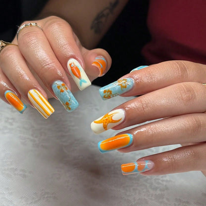 Ocean Starfish Orange & Blue Long Square Press-On Nails