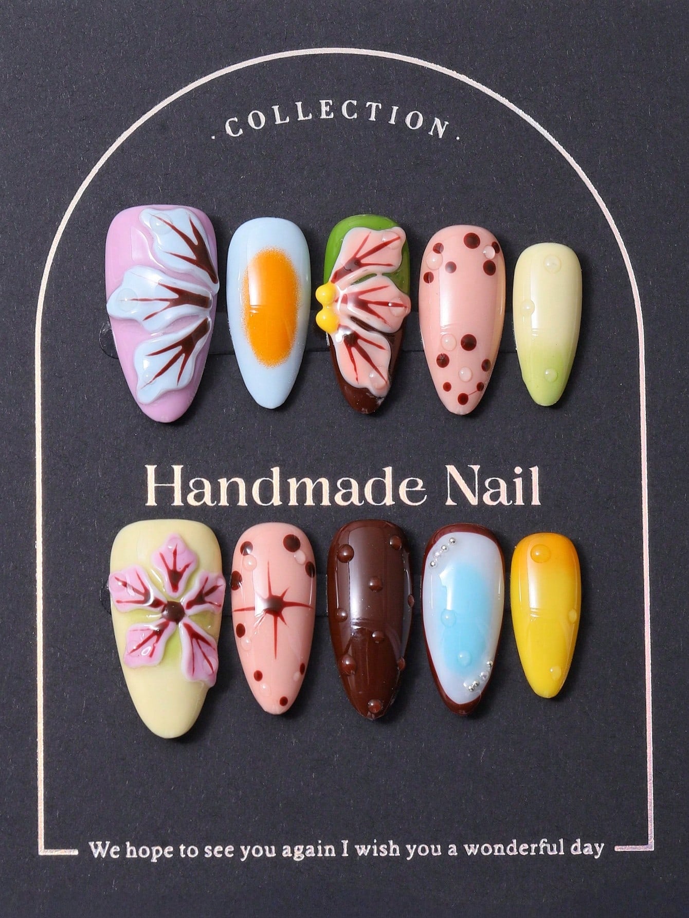 Y2K Almond Press-On Nails: 3D Tropical Floral Set