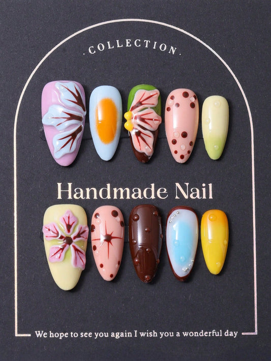 Y2K Almond Press-On Nails: 3D Tropical Floral Set