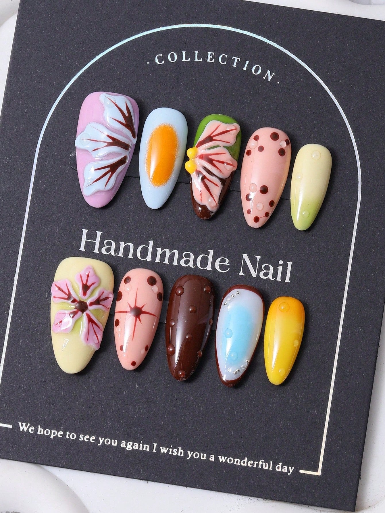 Y2K Almond Press-On Nails: 3D Tropical Floral Set