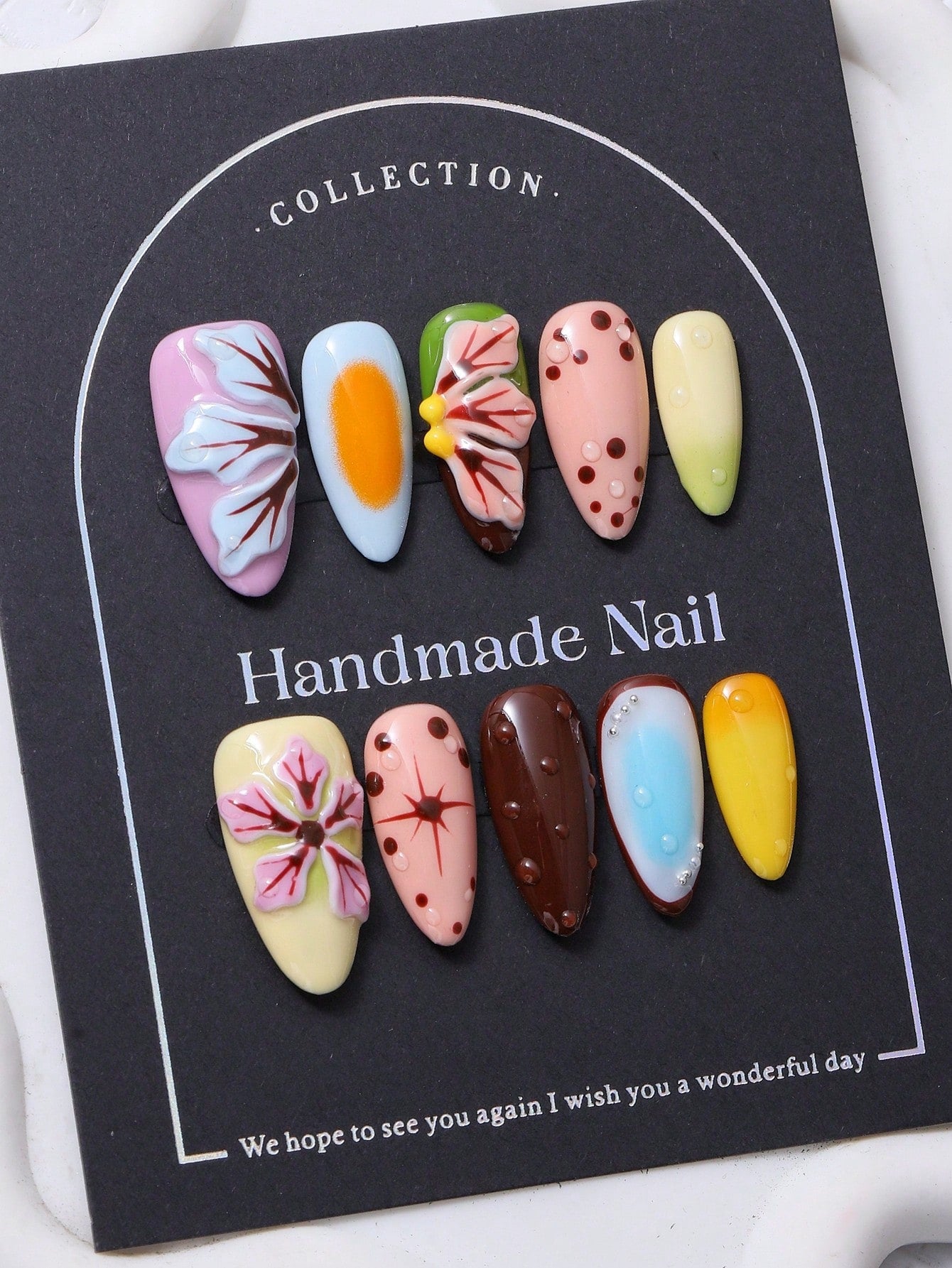 Y2K Almond Press-On Nails: 3D Tropical Floral Set