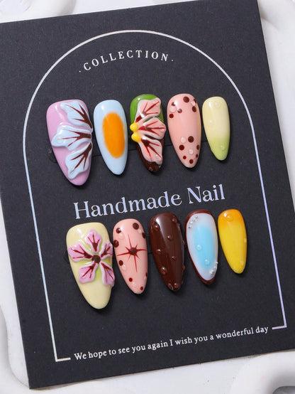 Y2K Almond Press-On Nails: 3D Tropical Floral Set