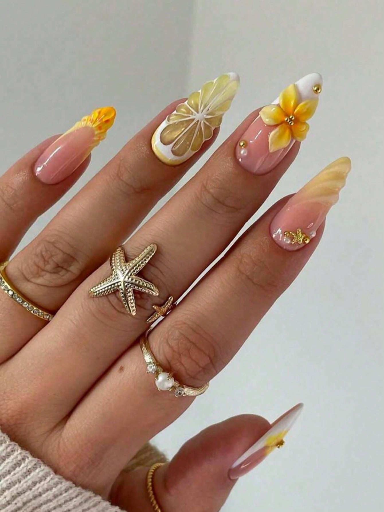 3D Lemon Summer Beach Square Press-On Nails Set