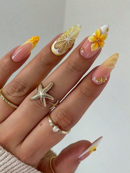 3D Lemon Summer Beach Square Press-On Nails Set