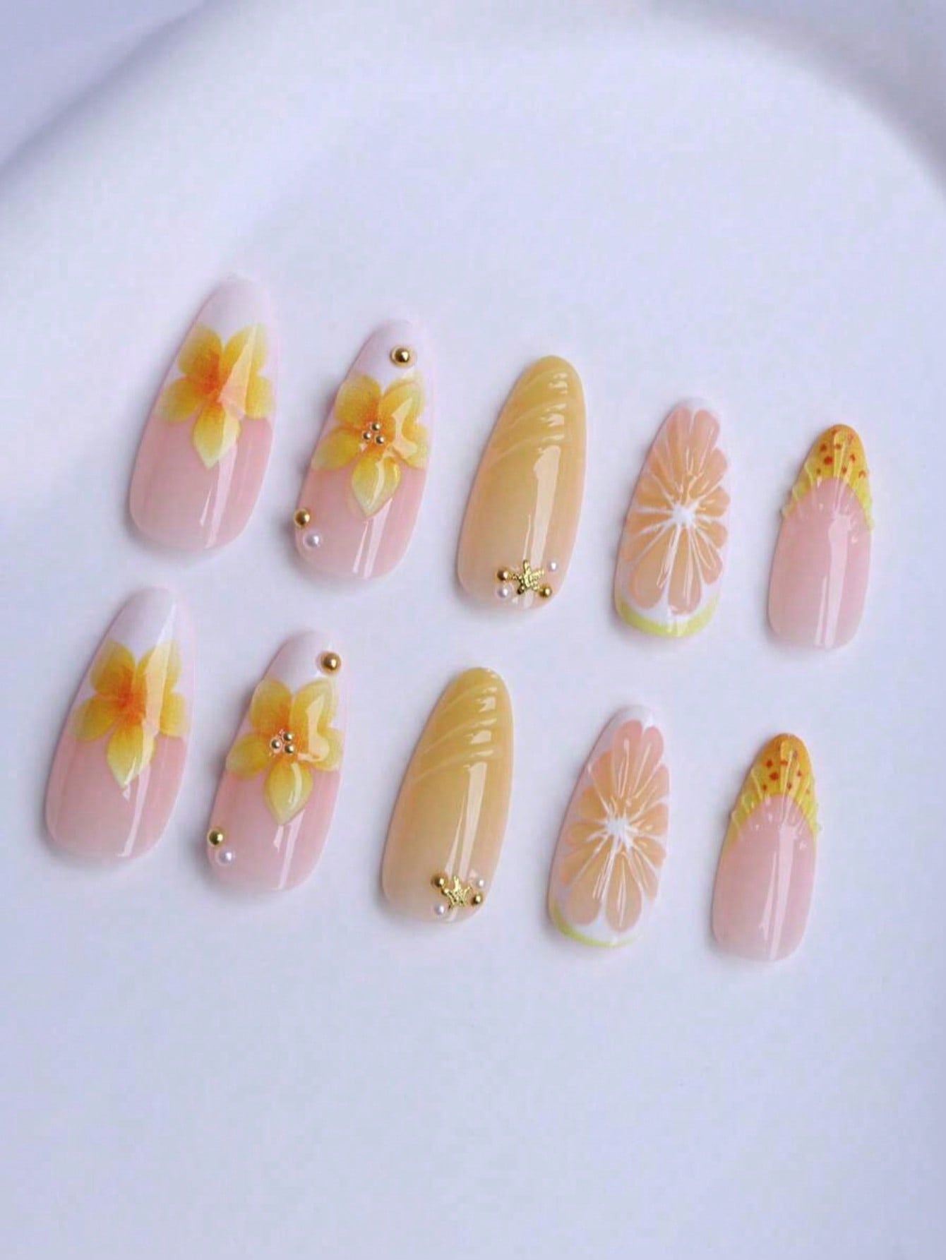 3D Lemon Summer Beach Square Press-On Nails Set