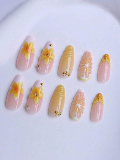 3D Lemon Summer Beach Square Press-On Nails Set
