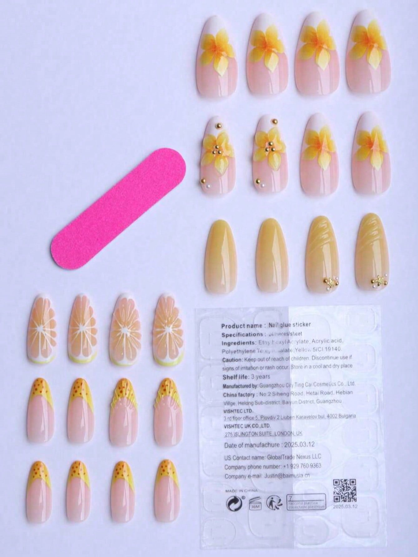 3D Lemon Summer Beach Square Press-On Nails Set