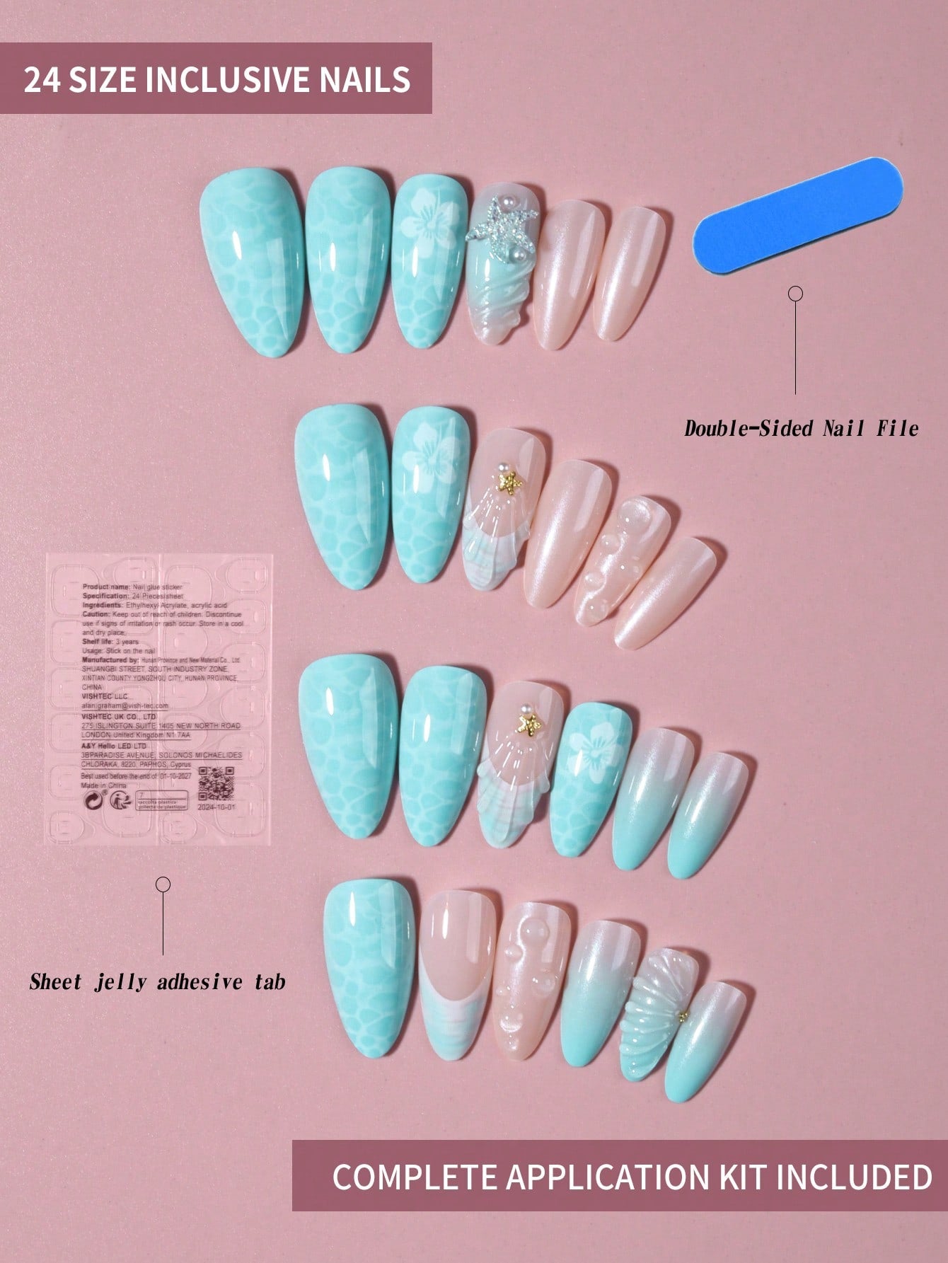 24pcs Ocean Pearl & Starfish Almond Press-On Nails
