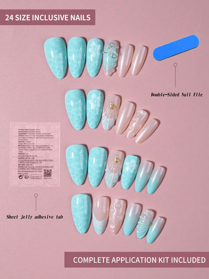 24pcs Ocean Pearl & Starfish Almond Press-On Nails