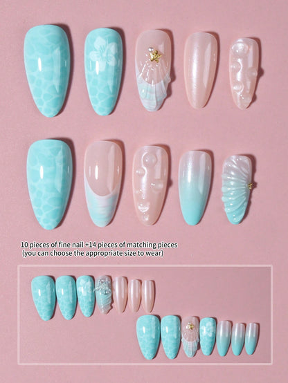 24pcs Ocean Pearl & Starfish Almond Press-On Nails