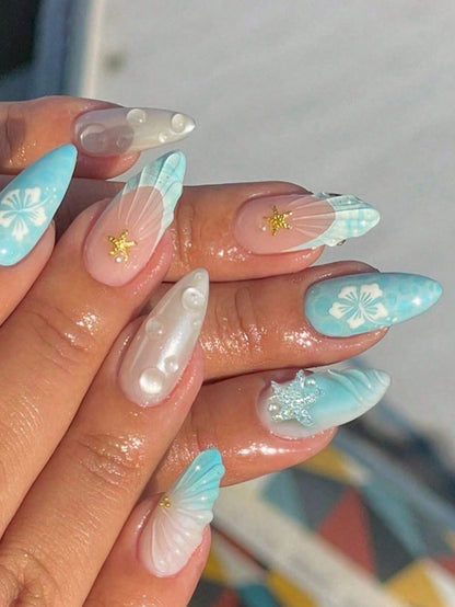 24pcs Ocean Pearl & Starfish Almond Press-On Nails