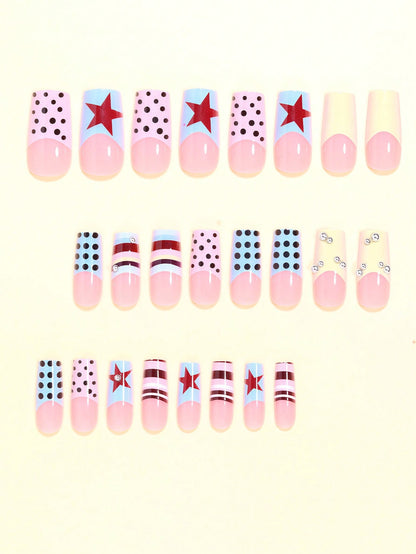 24pcs Y2K Square Press-On Nails with 3D Bead Decor
