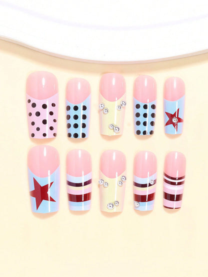 24pcs Y2K Square Press-On Nails with 3D Bead Decor