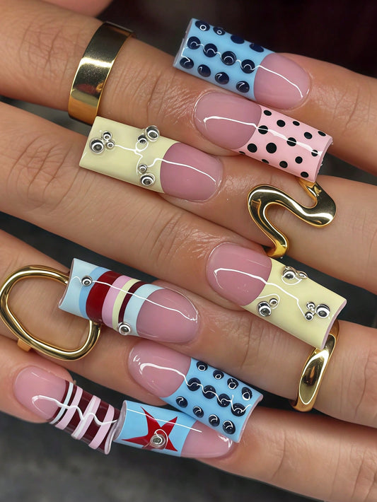 24pcs Y2K Square Press-On Nails with 3D Bead Decor