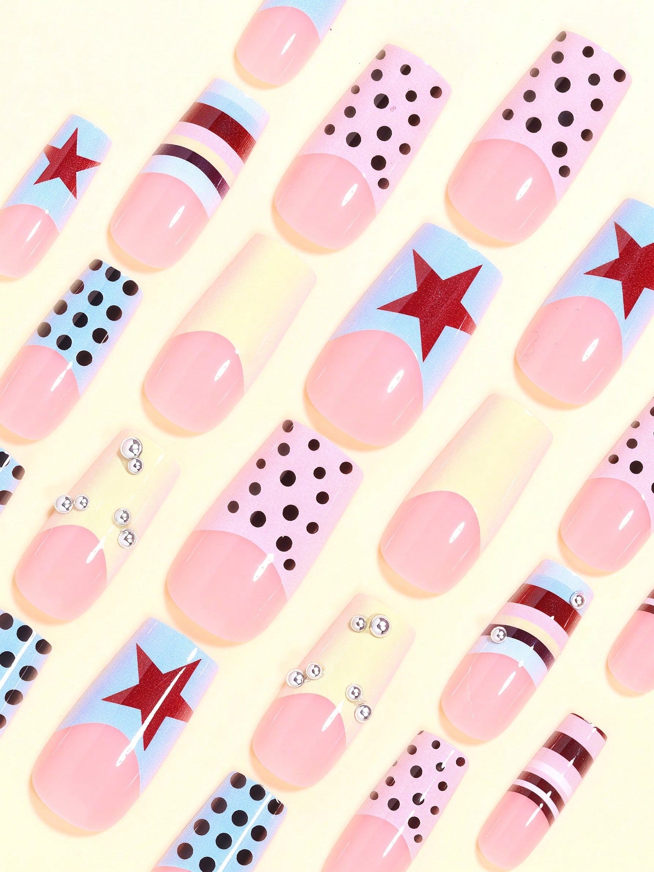24pcs Y2K Square Press-On Nails with 3D Bead Decor