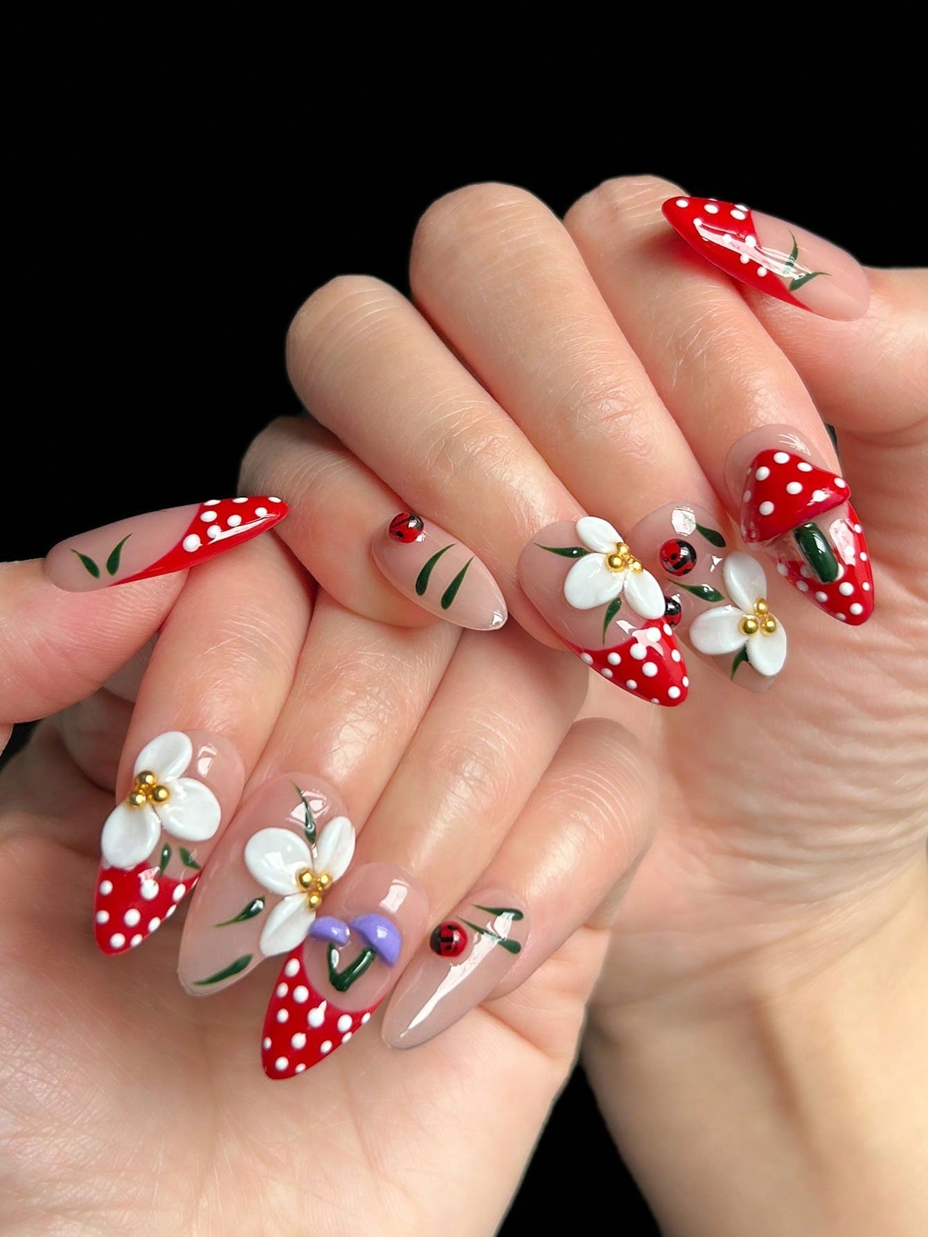 Handmade 3D Floral & Wave White French Almond Nails