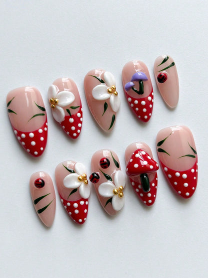 Handmade 3D Floral & Wave White French Almond Nails