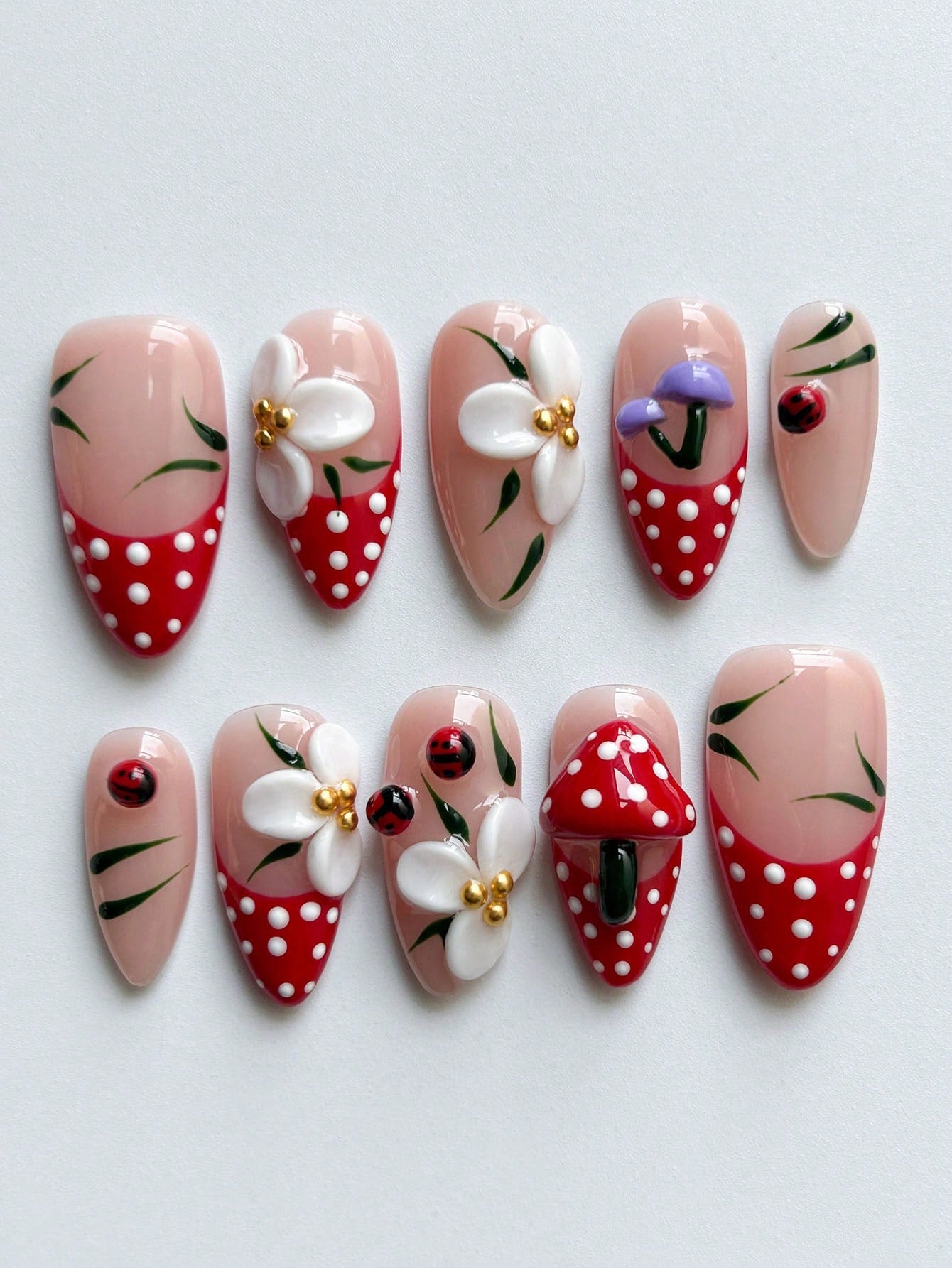 Handmade 3D Floral & Wave White French Almond Nails
