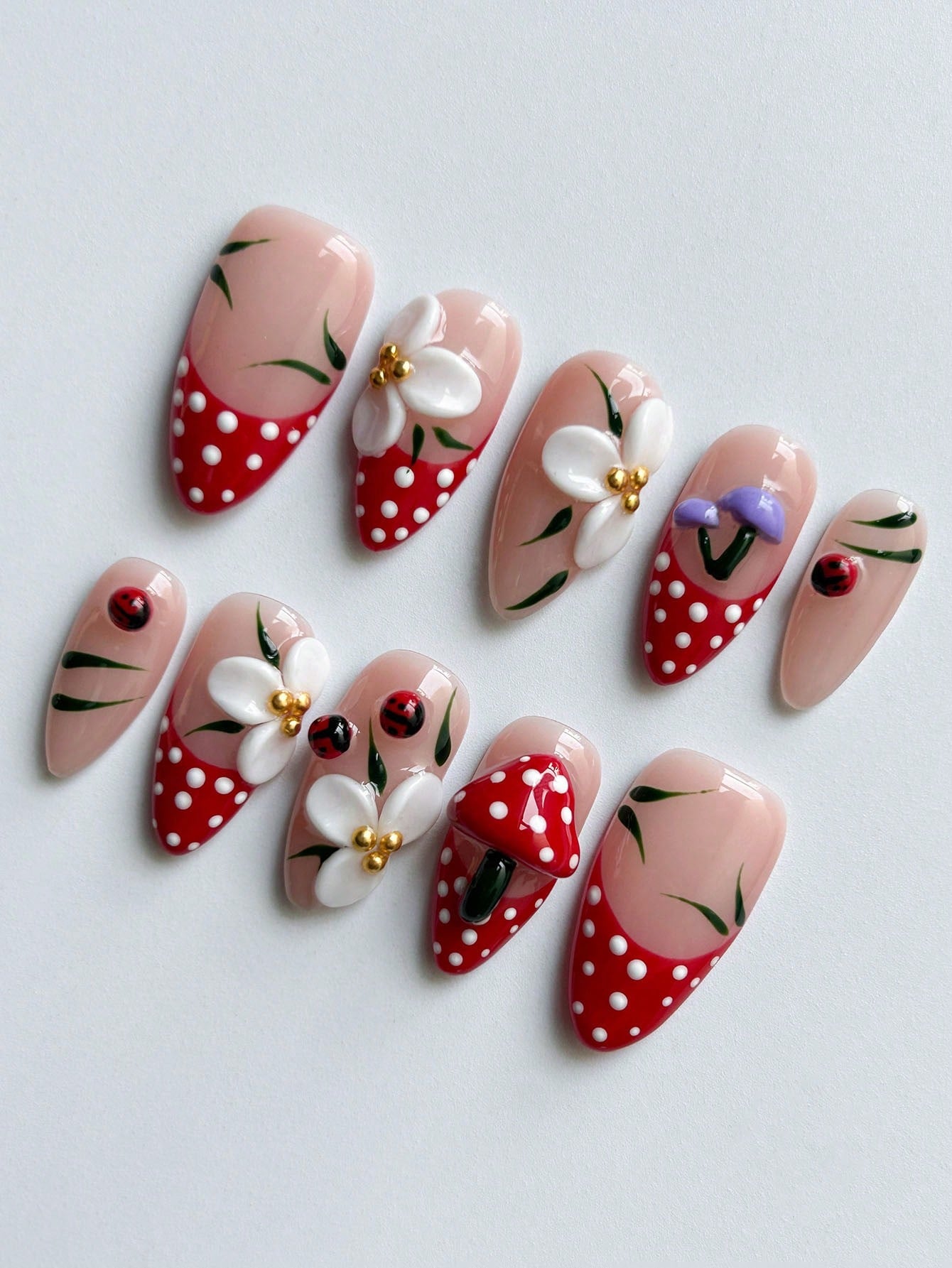 Handmade 3D Floral & Wave White French Almond Nails