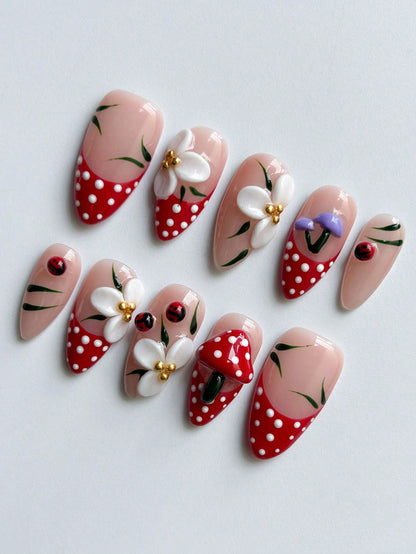 Handmade 3D Floral & Wave White French Almond Nails