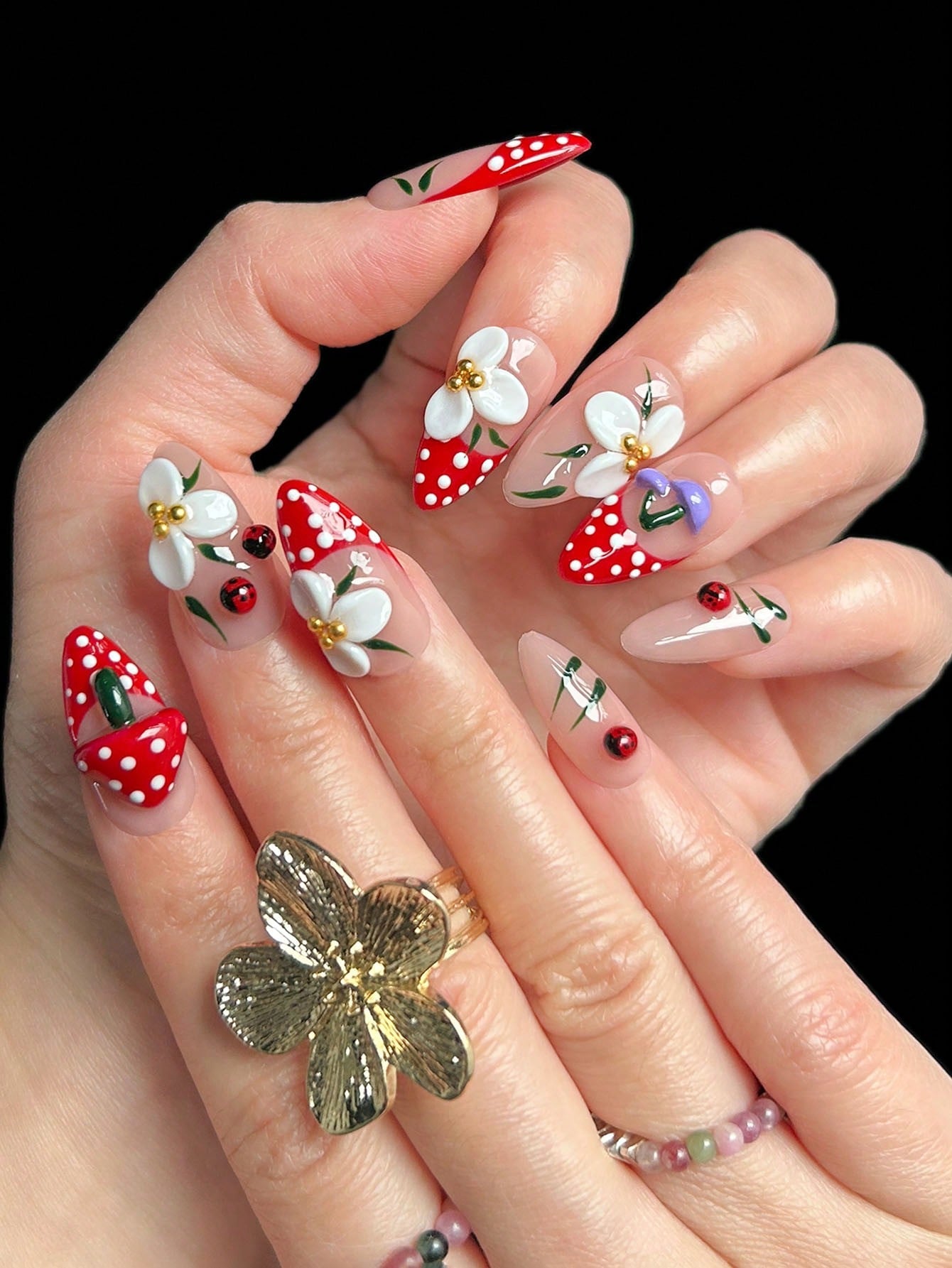 Handmade 3D Floral & Wave White French Almond Nails