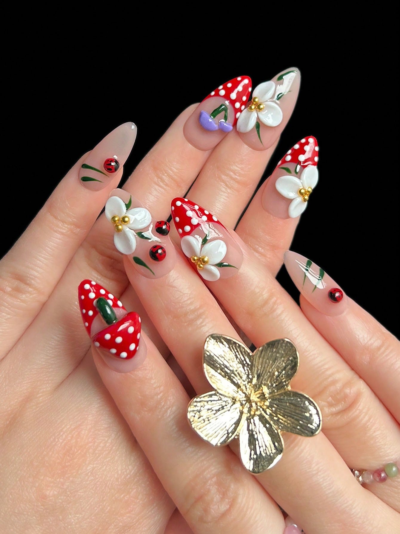 Handmade 3D Floral & Wave White French Almond Nails