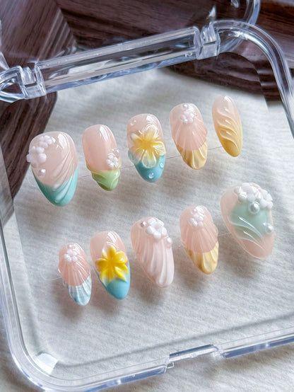 Handmade 3D Shell Flower Pastel French Almond Nails