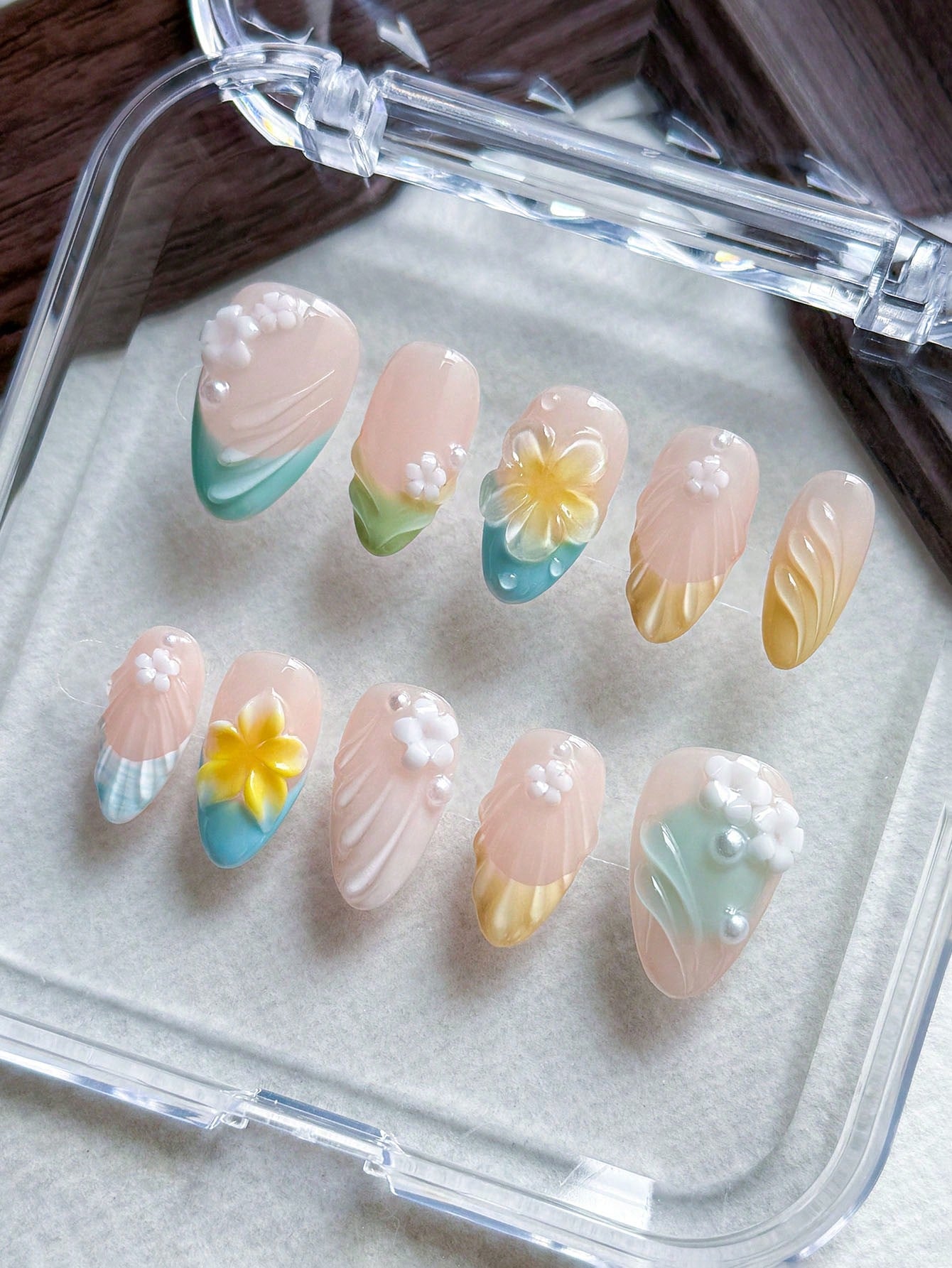 Handmade 3D Shell Flower Pastel French Almond Nails