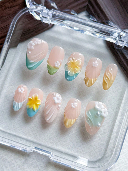 Handmade 3D Shell Flower Pastel French Almond Nails