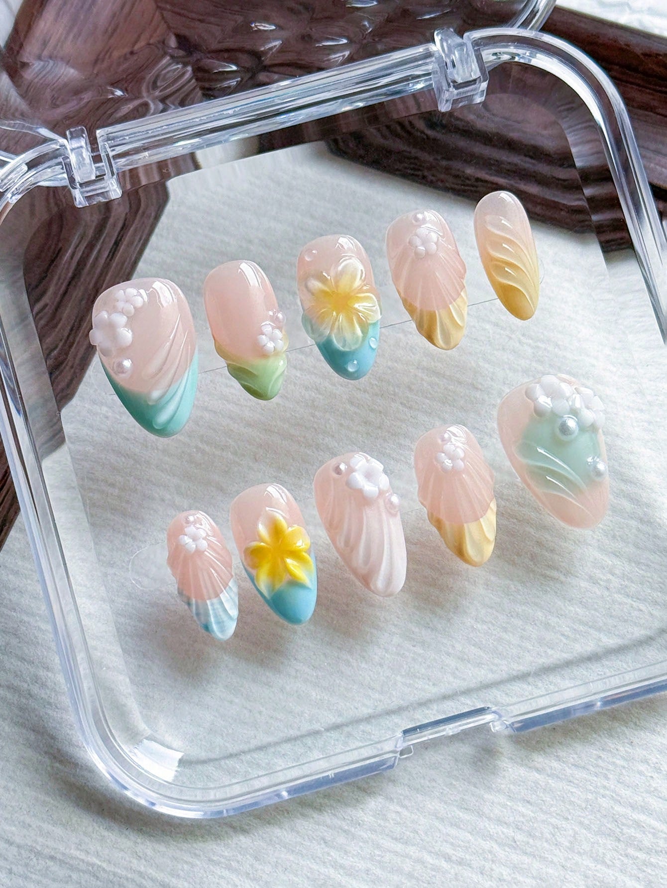 Handmade 3D Shell Flower Pastel French Almond Nails