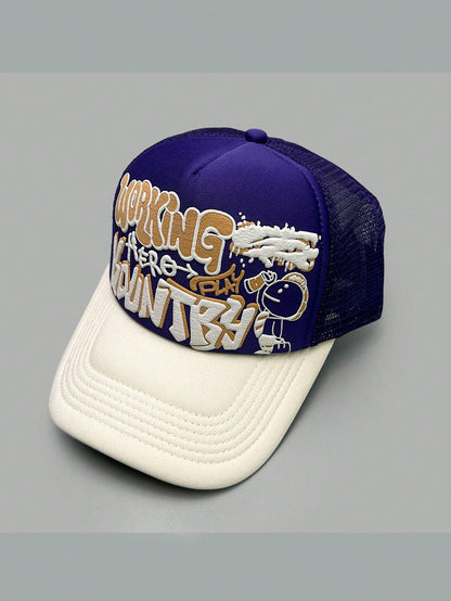Cartoon Character Letter Print Colorblock Trucker Hat