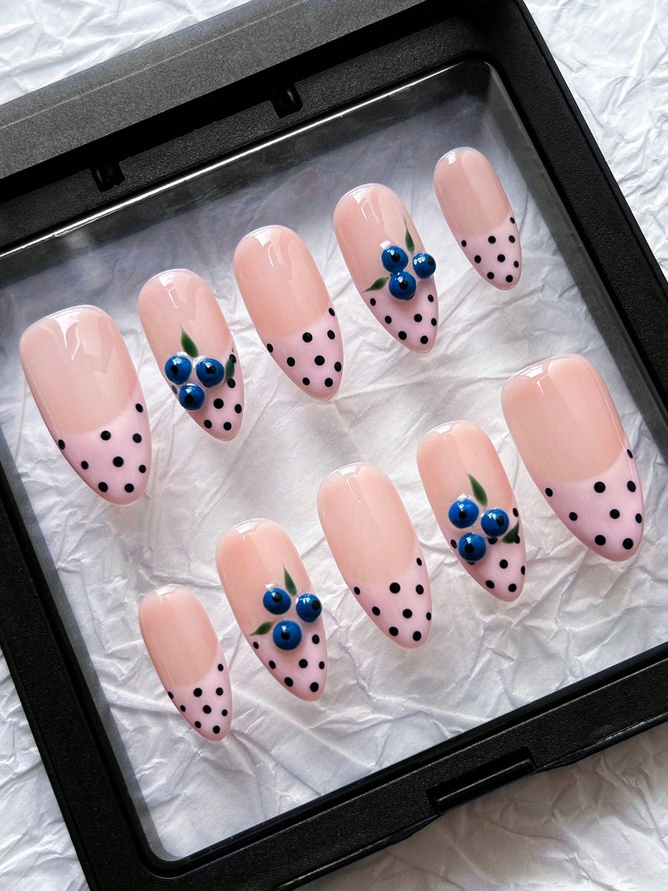 3D Blueberry Almond Press-On Nails with Polka Dots