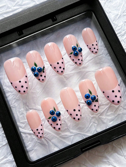 3D Blueberry Almond Press-On Nails with Polka Dots