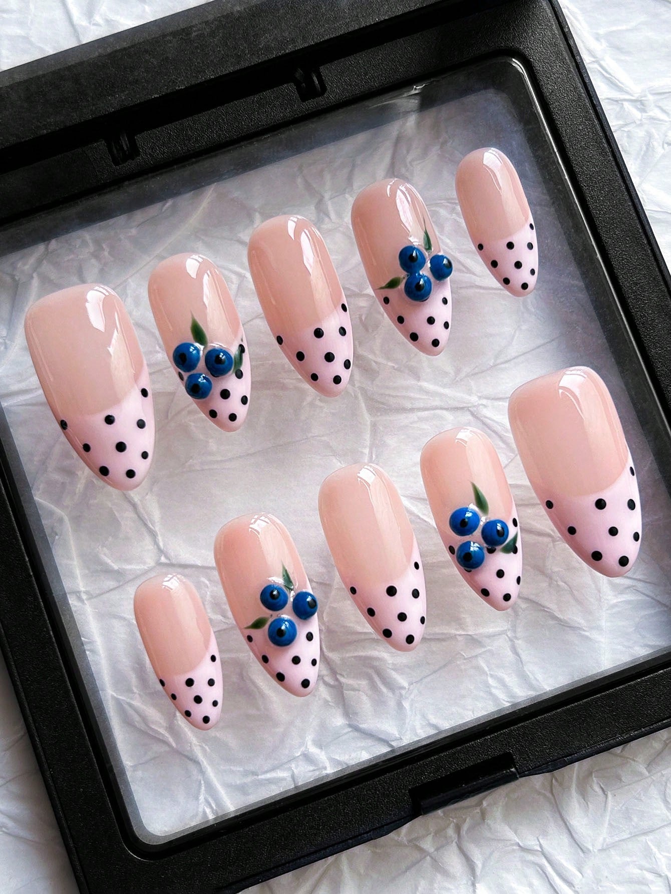 3D Blueberry Almond Press-On Nails with Polka Dots
