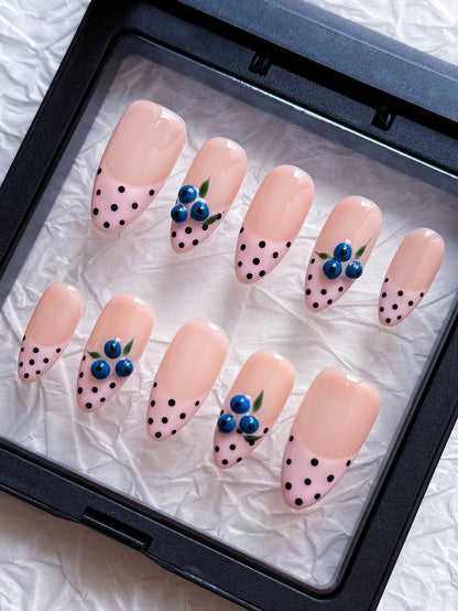 3D Blueberry Almond Press-On Nails with Polka Dots