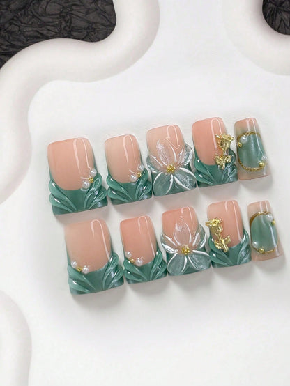 Jade Carving 3D Rose Press-On Nail Set (10pcs)