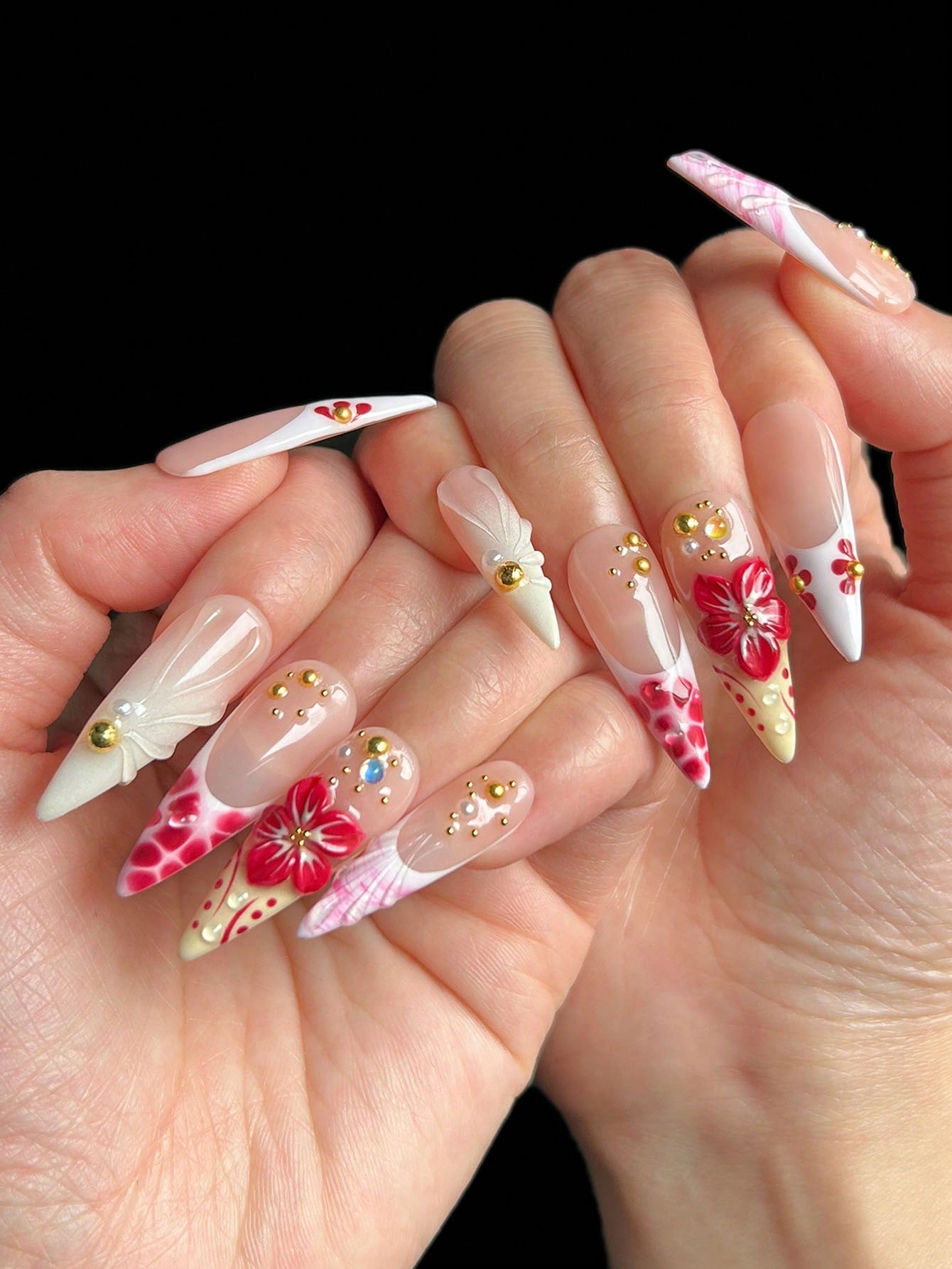 Handmade Tortoiseshell 3D Floral Press-On Nails