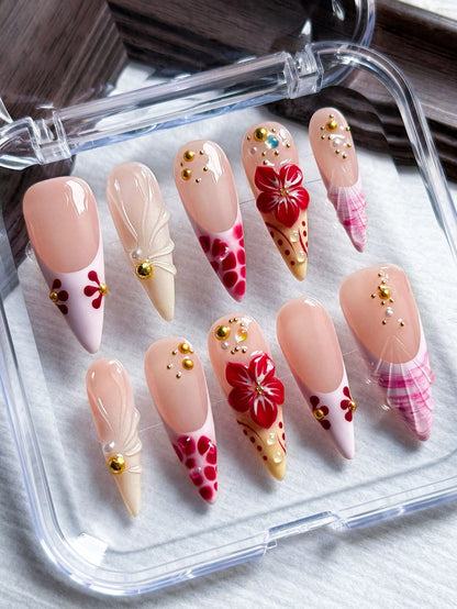 Handmade Tortoiseshell 3D Floral Press-On Nails