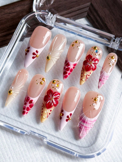 Handmade Tortoiseshell 3D Floral Press-On Nails
