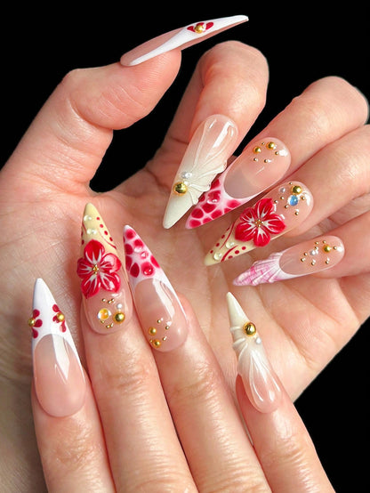 Handmade Tortoiseshell 3D Floral Press-On Nails