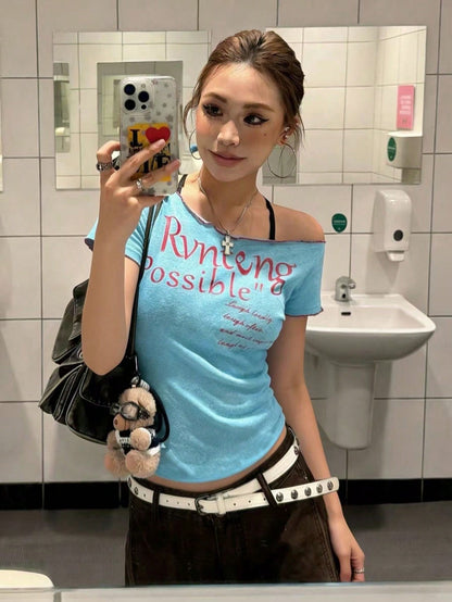 Women's Blue Asymmetrical Slim Fit Crop Top