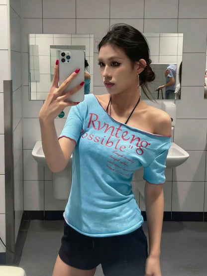 Women's Blue Asymmetrical Slim Fit Crop Top