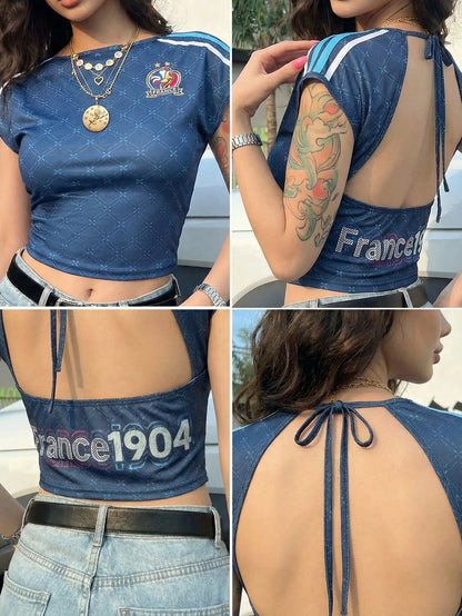 French Mesh Crop Top Casual Summer T-Shirt